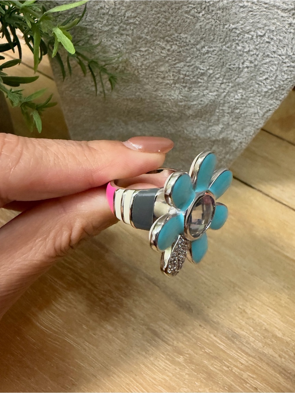 Turquoise Enamel Daisy Statement Ring with Clear Center Stone